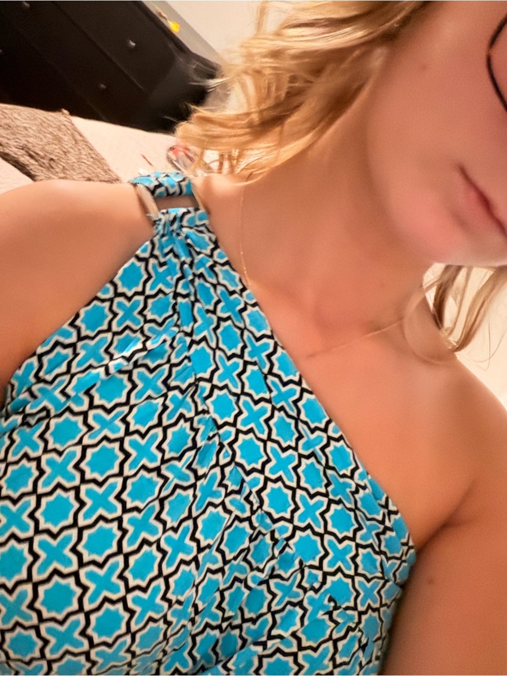 Blue Patterned One-Shoulder Tank Top